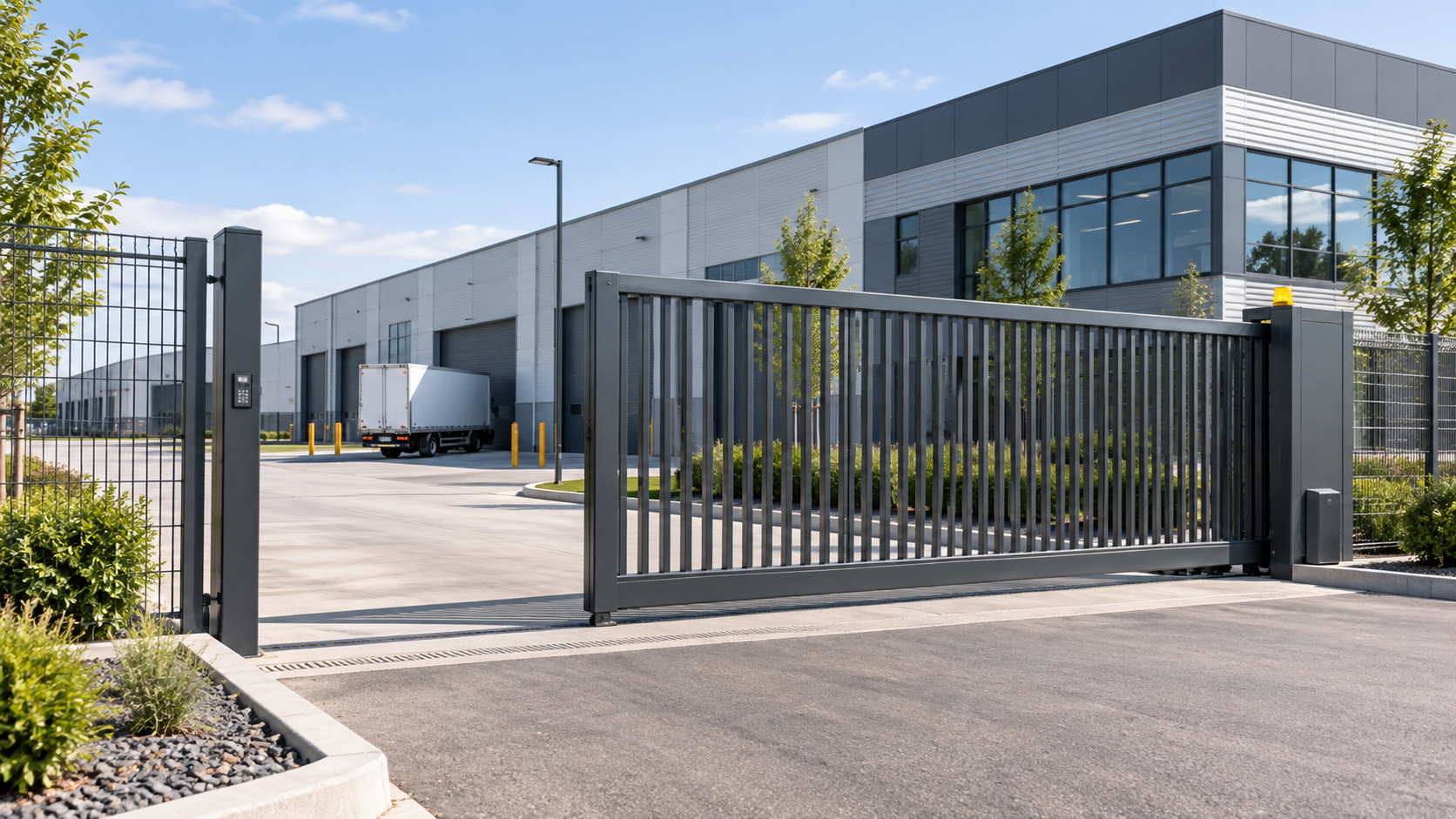 Automated sliding gate at an industrial warehouse