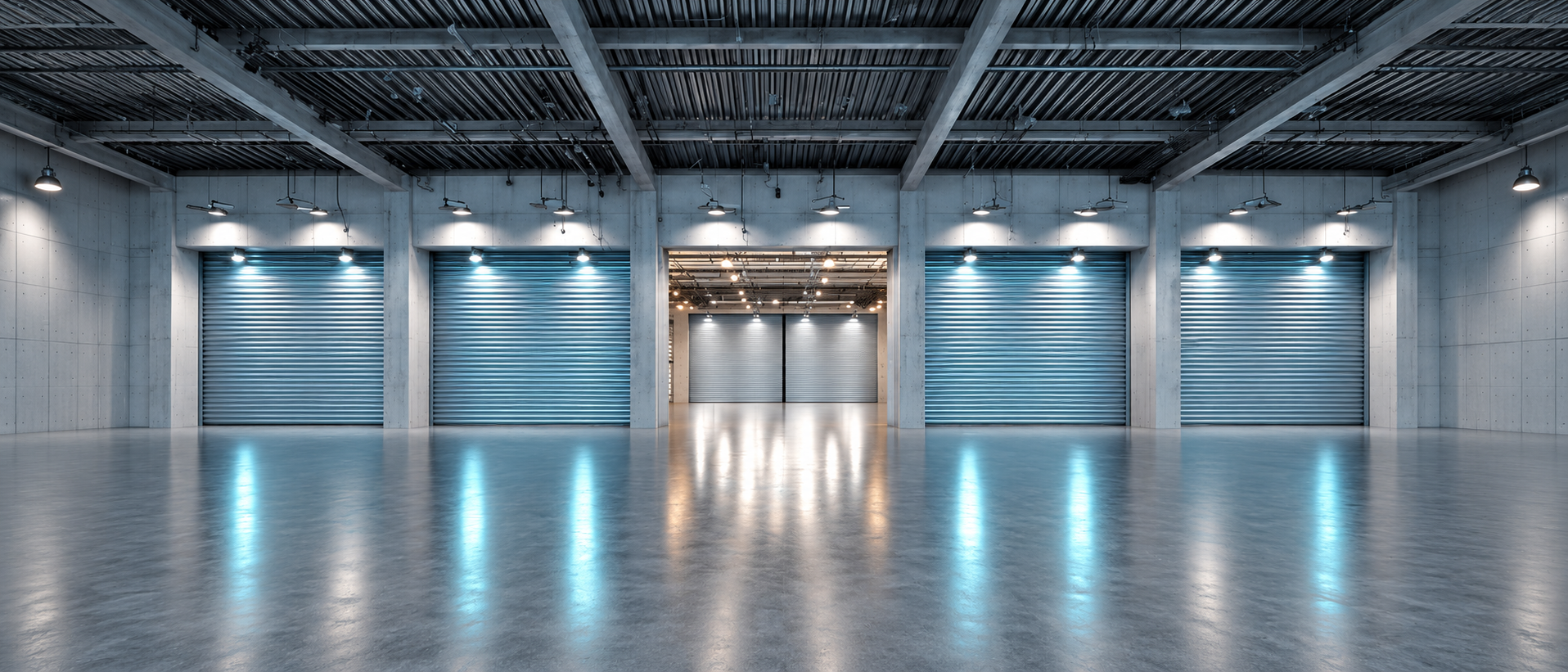 Damaged industrial roller shutter awaiting repair