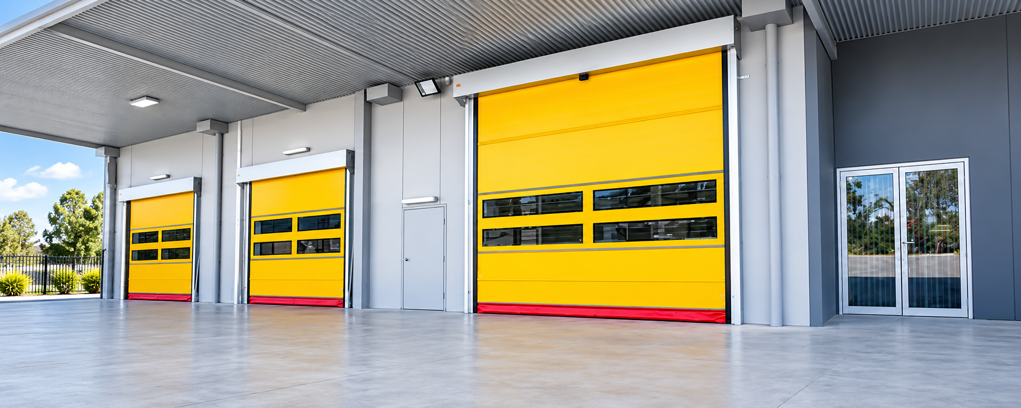 High-speed rapid roll doors at an industrial warehouse entrance