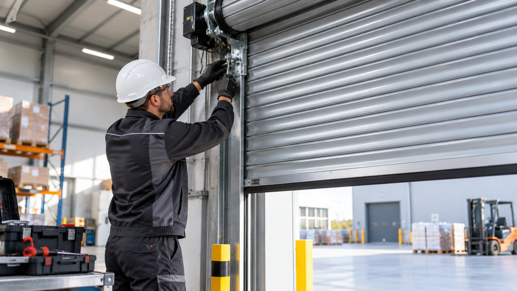 Technician servicing an industrial roller shutter
