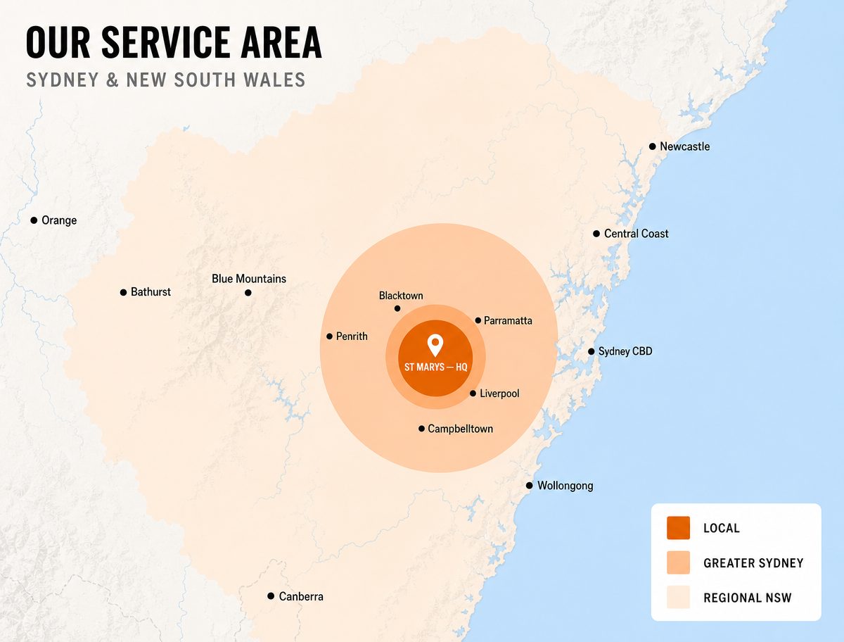 On Track Industrial service area map covering St Marys, Greater Sydney and regional NSW